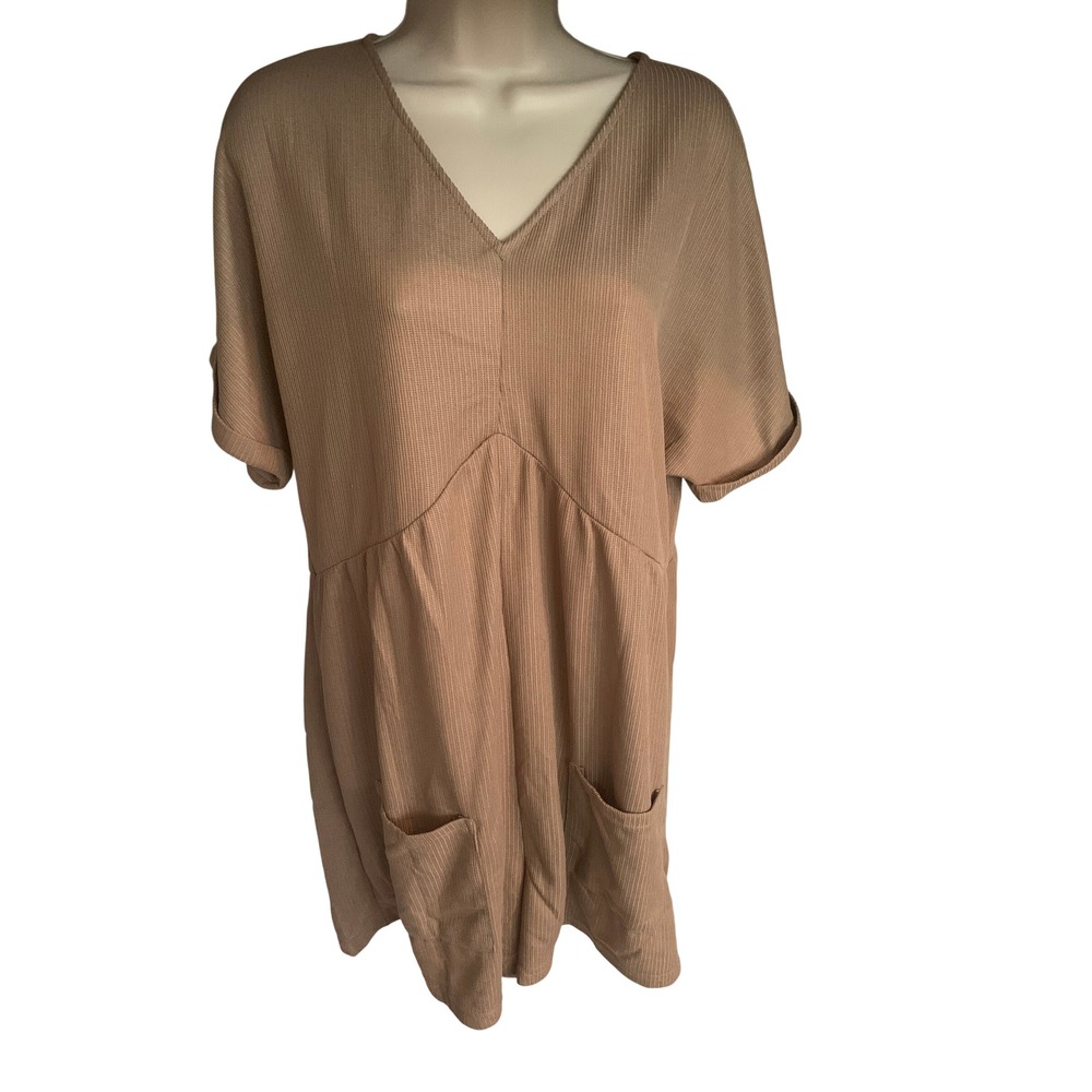Waffle Knit V-Neck Romper Tan Short Sleeve Pocketed Jumpsuit Women XL NWOT